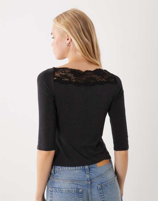 ASOS DESIGN off shoulder with lace trim long sleeve top in black, 4 of 4