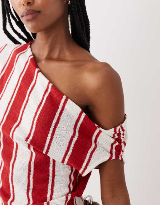 ASOS DESIGN off shoulder with pleat midi dress in stripe, 4 of 4