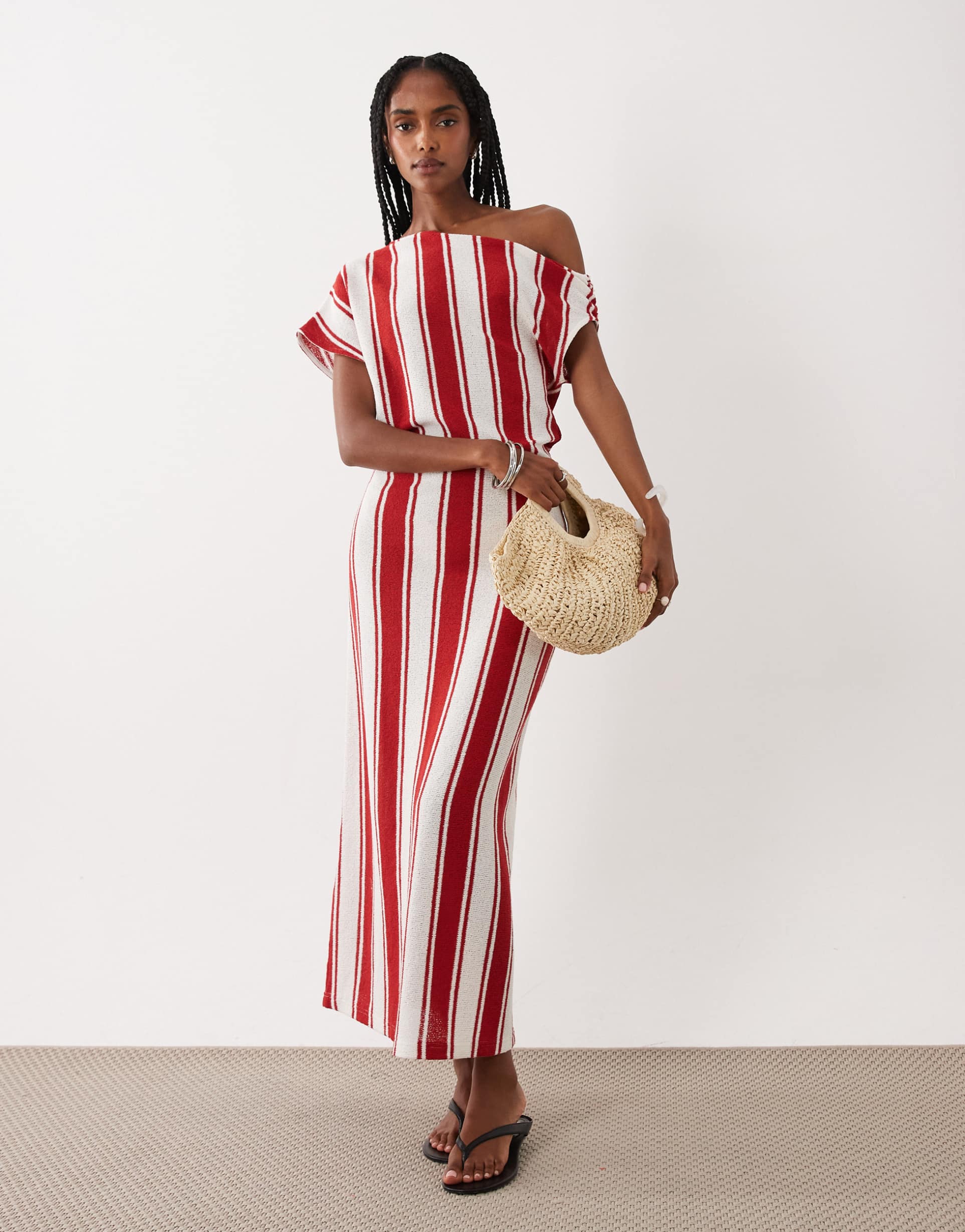 asos design off shoulder with pleat midi dress in striped print