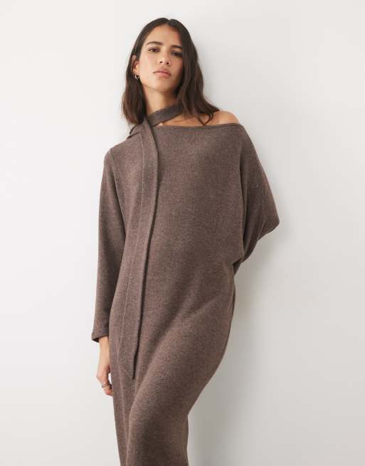 ASOS DESIGN off shoulder with scarf detail maxi dress in chocolate, 2 of 4