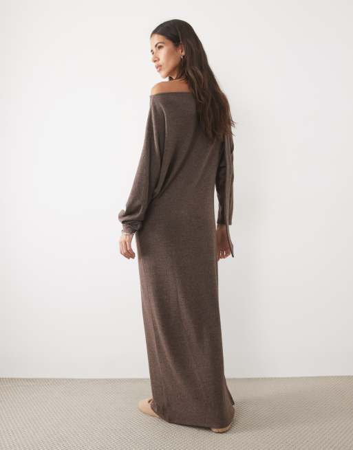ASOS DESIGN off shoulder with scarf detail maxi dress in chocolate, 4 of 4