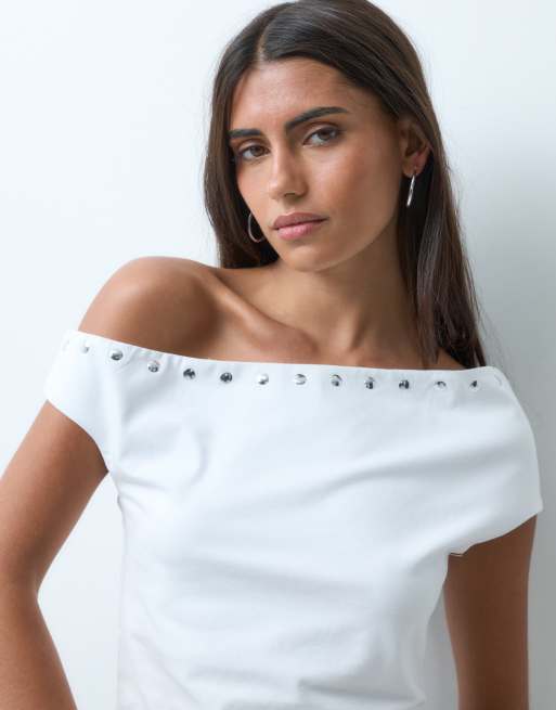 ASOS DESIGN off shoulder with stud details top in white, 3 of 4