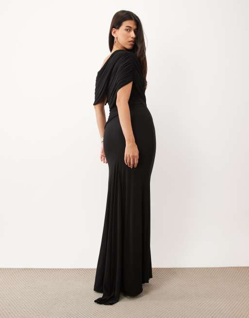 ASOS DESIGN off shoulder wrap bodice detail maxi dress with train in black, 4 of 4