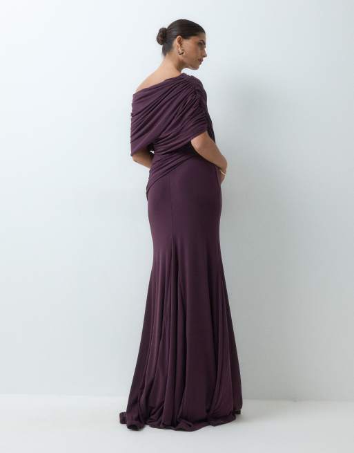 ASOS DESIGN off shoulder wrap bodice detail maxi dress with train in blackcurrent, 3 of 5