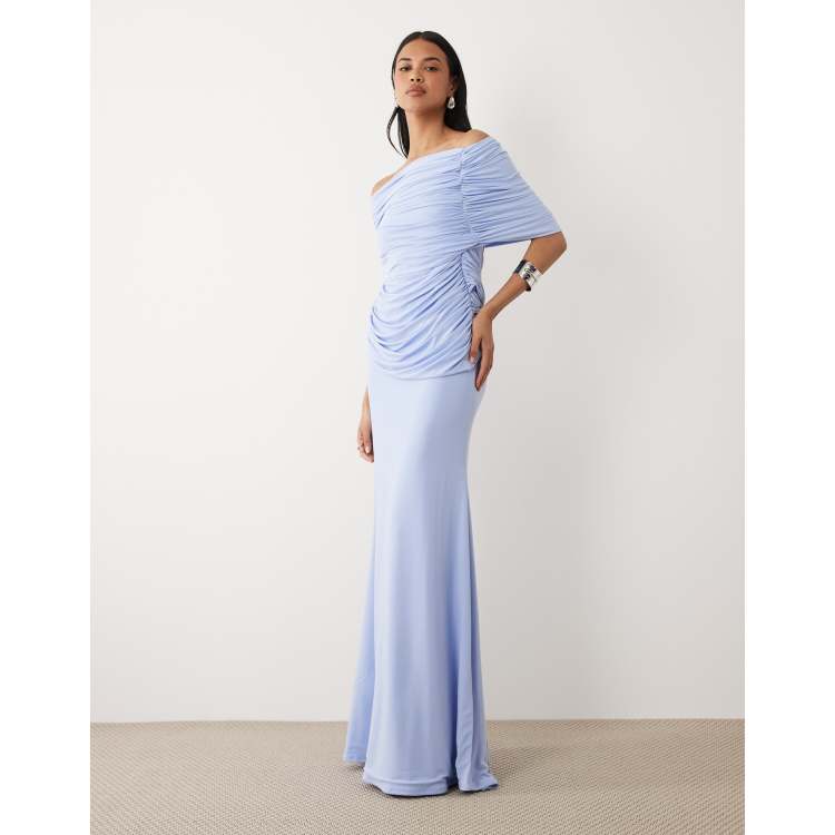 ASOS DESIGN off shoulder wrap bodice detail maxi dress with train in blue