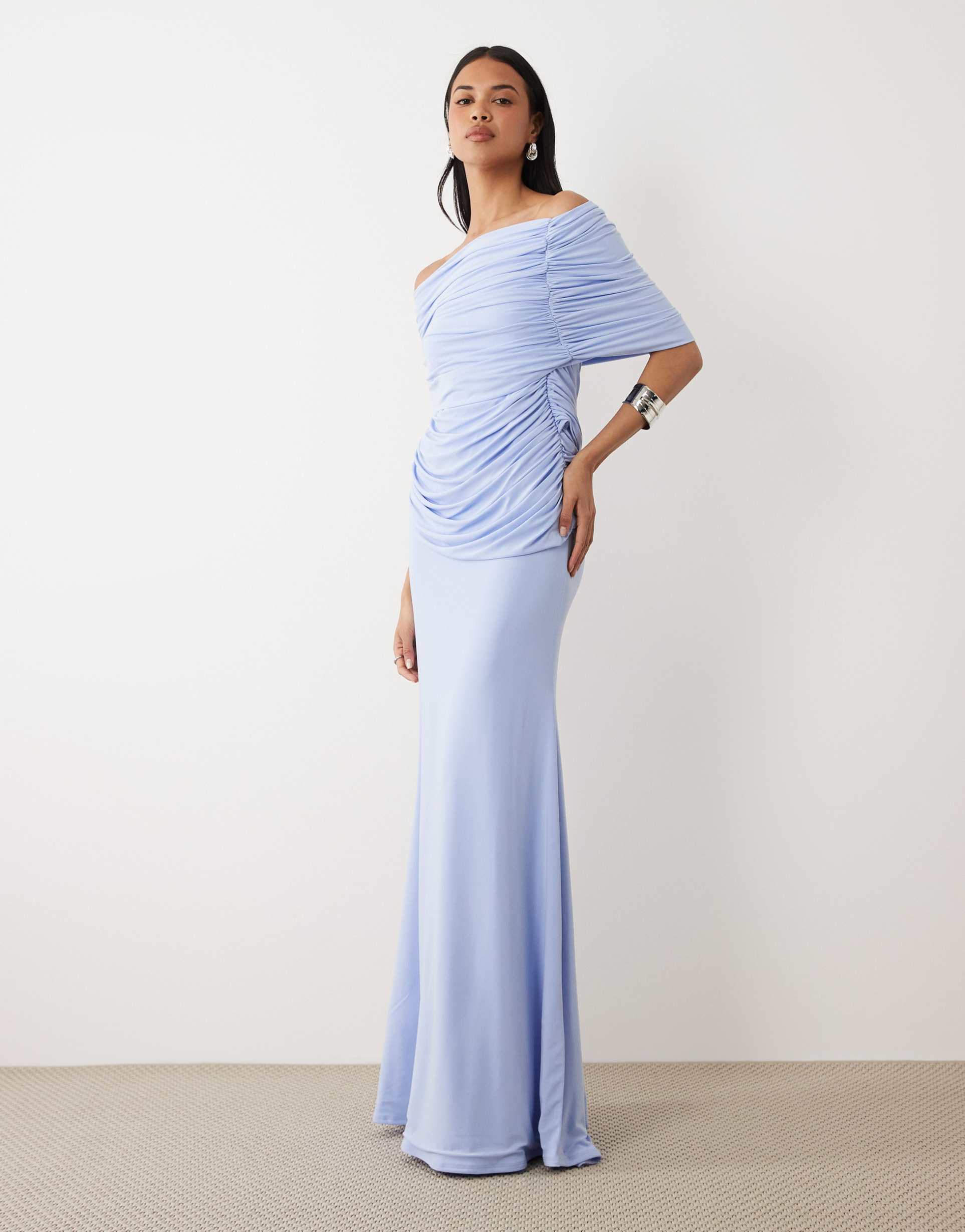 asos design off shoulder wrap bodice detail maxi dress with train in blue
