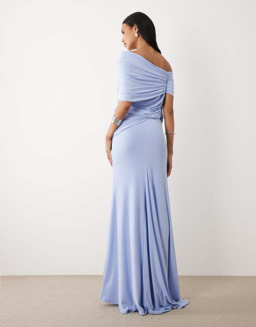 ASOS DESIGN off shoulder wrap bodice detail maxi dress with train in blue, 3 of 4