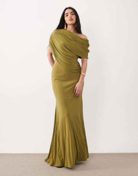 ASOS DESIGN off shoulder wrap bodice detail maxi dress with train in green - view 1