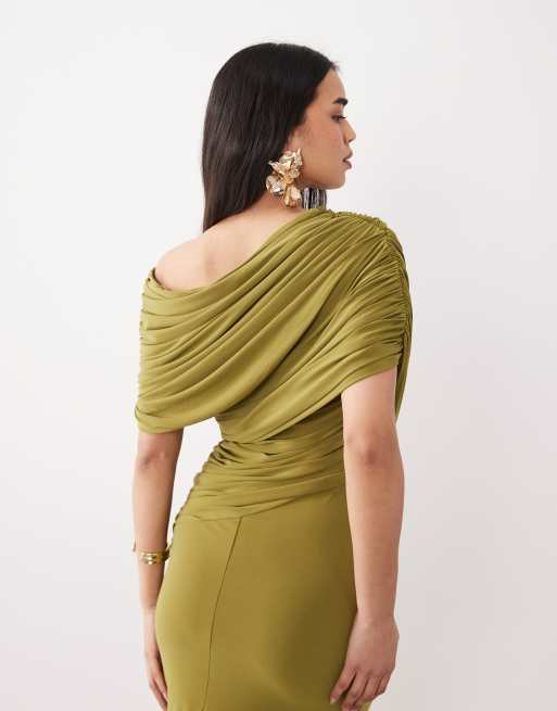 ASOS DESIGN off-shoulder wrap bodice detail maxi dress with train in green, 3 of 4