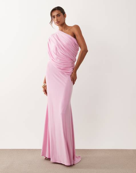ASOS DESIGN off shoulder wrap bodice detail maxi dress with train in pink