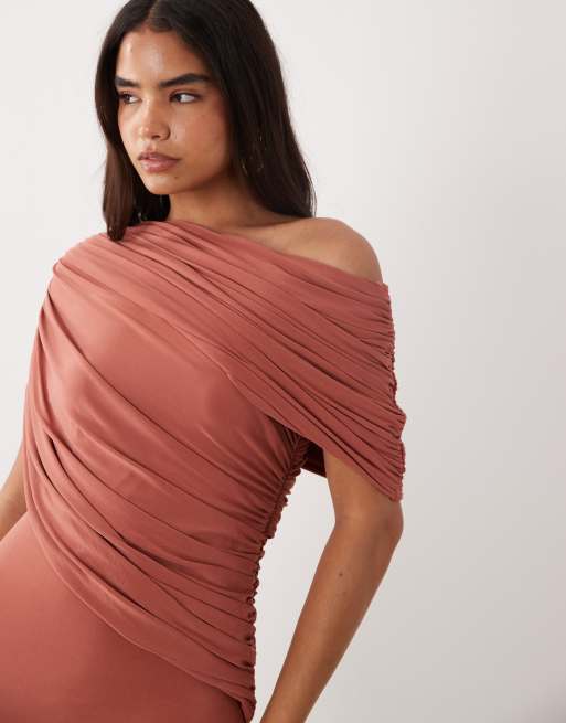 ASOS DESIGN off shoulder wrap bodice detail maxi dress with train in rust, 3 of 4