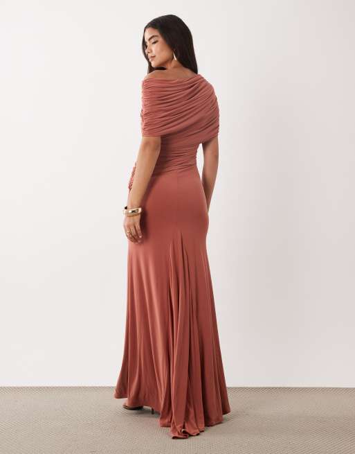 ASOS DESIGN off shoulder wrap bodice detail maxi dress with train in rust, 4 of 4