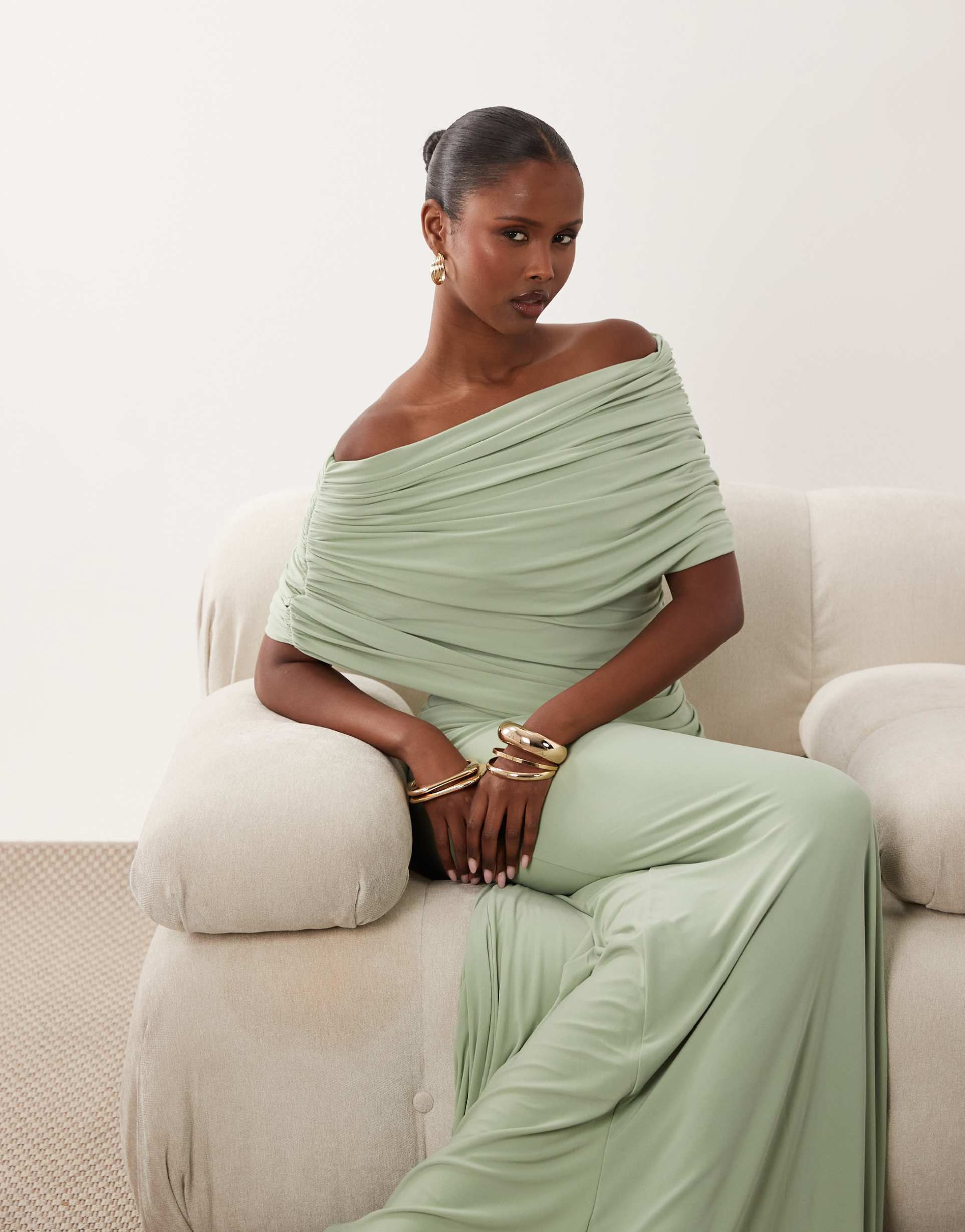 asos design off-shoulder wrap bodice detail maxi dress with train in sage
