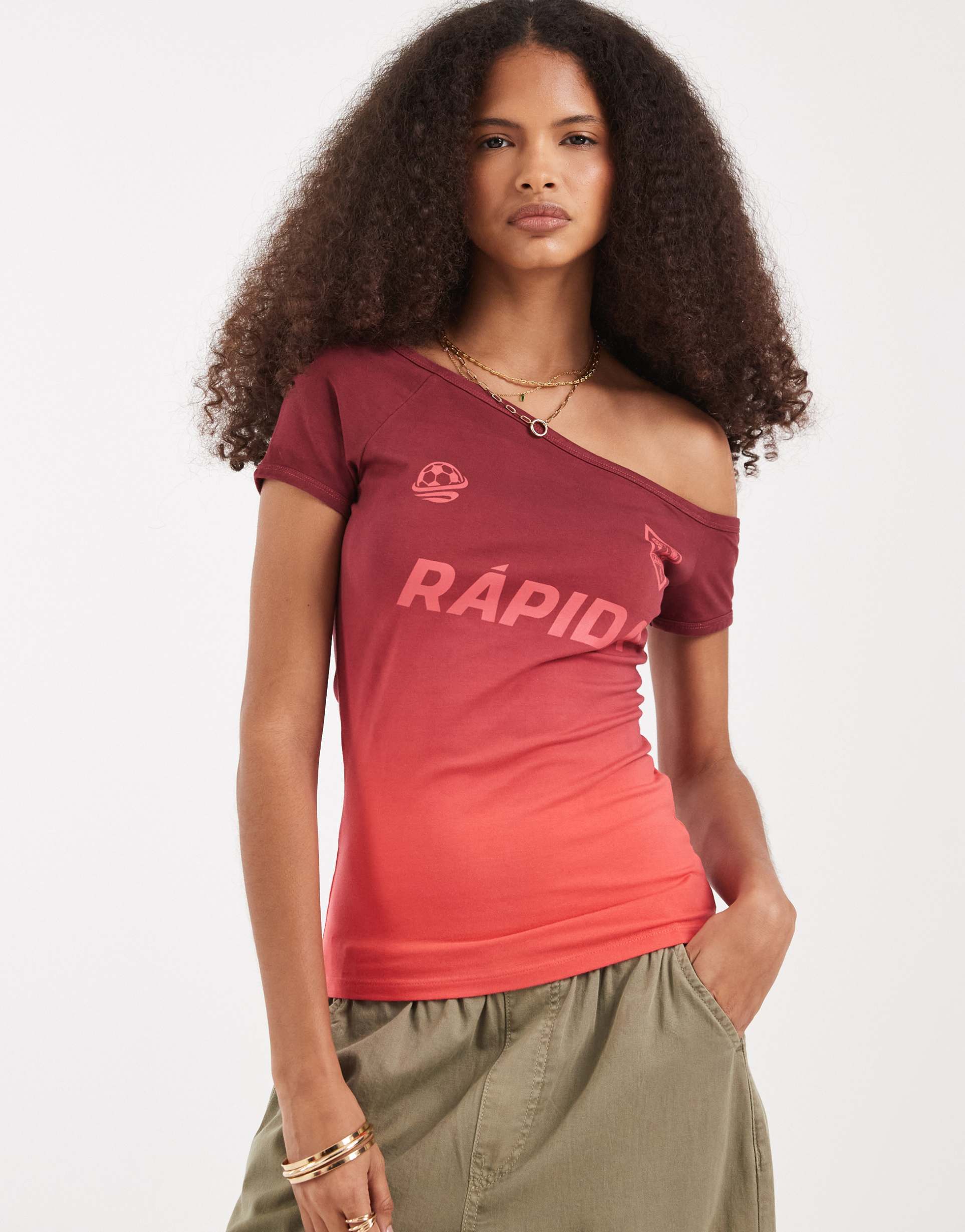 asos design off the shoulder bardot tee with football graphic in burgundy and pink ombre
