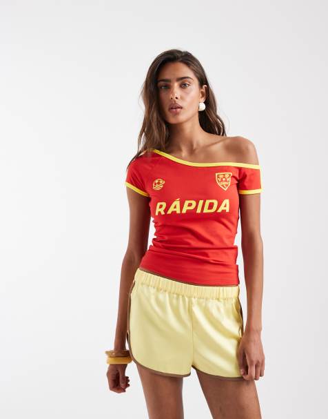 ASOS DESIGN Off the shoulder Bardot tee with football graphic in yellow and red - view 1