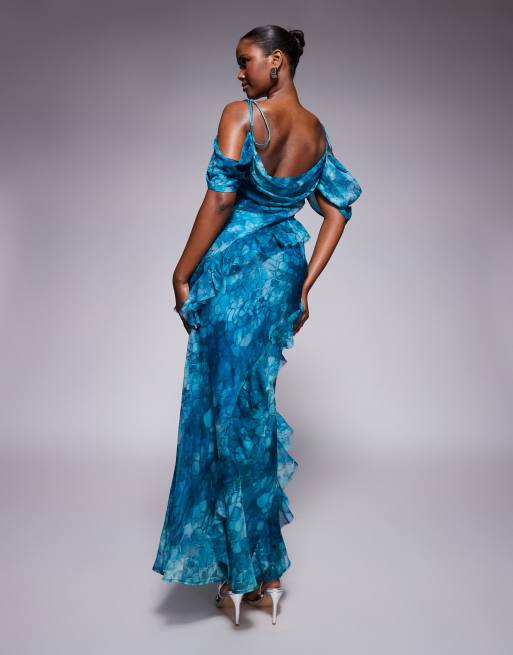 ASOS DEISGN off the shoulder bias cut maxi dress with ruffles in blue abstract print
