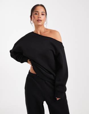 Asos Design Off The Shoulder Brushback Sweatshirt In Black