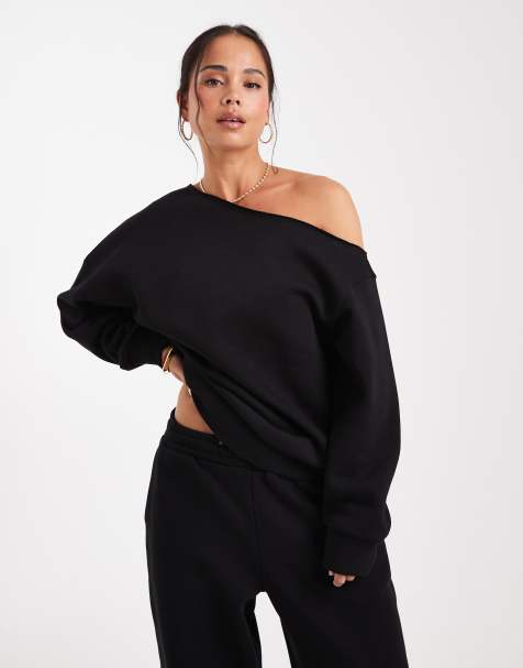 ASOS DESIGN off the shoulder brushback sweatshirt in black - view 1