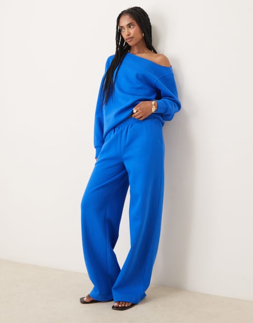 ASOS DESIGN off the shoulder brushback sweatshirt in blue