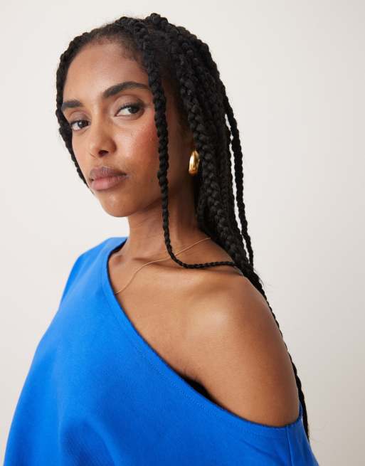 ASOS DESIGN off the shoulder brushback sweatshirt in blue