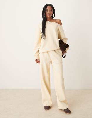 Asos Design Off The Shoulder Brushback Sweatshirt In Neutral