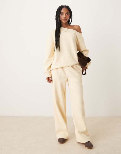 ASOS DESIGN off the shoulder brushback sweatshirt in buttermilk