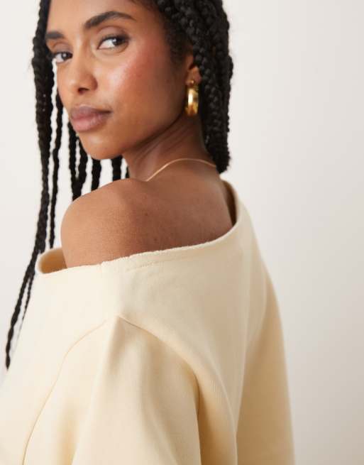 ASOS DESIGN off the shoulder brushback sweatshirt in buttermilk