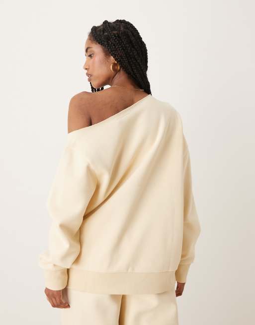 ASOS DESIGN off the shoulder brushback sweatshirt in buttermilk