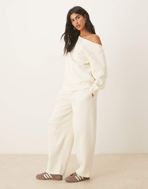 ASOS DESIGN off the shoulder brushback sweatshirt in cream