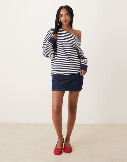 ASOS DESIGN off the shoulder brushback sweatshirt in navy stripes