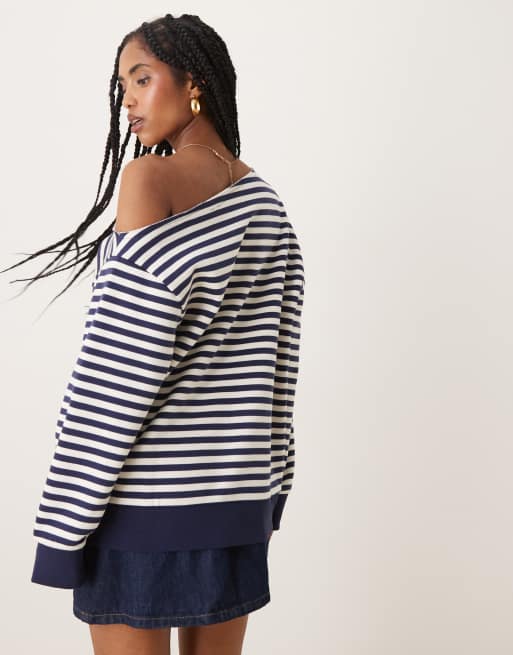 ASOS DESIGN off the shoulder brushback sweatshirt in navy stripes