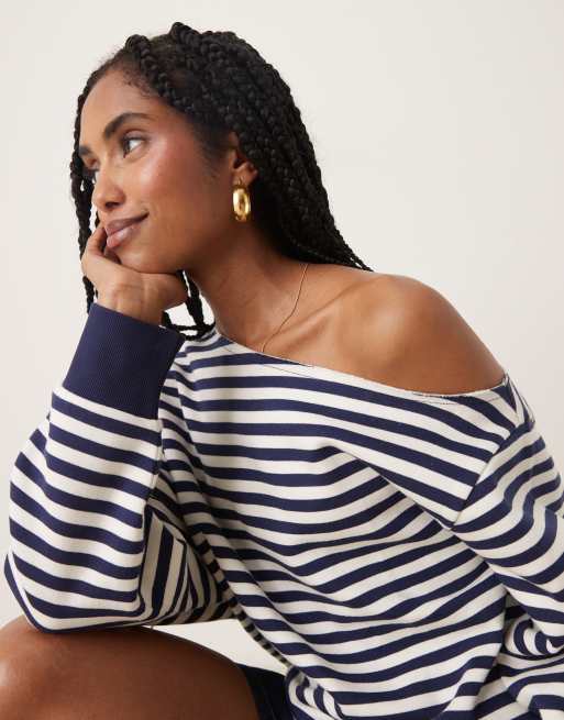 ASOS DESIGN off the shoulder brushback sweatshirt in navy stripes