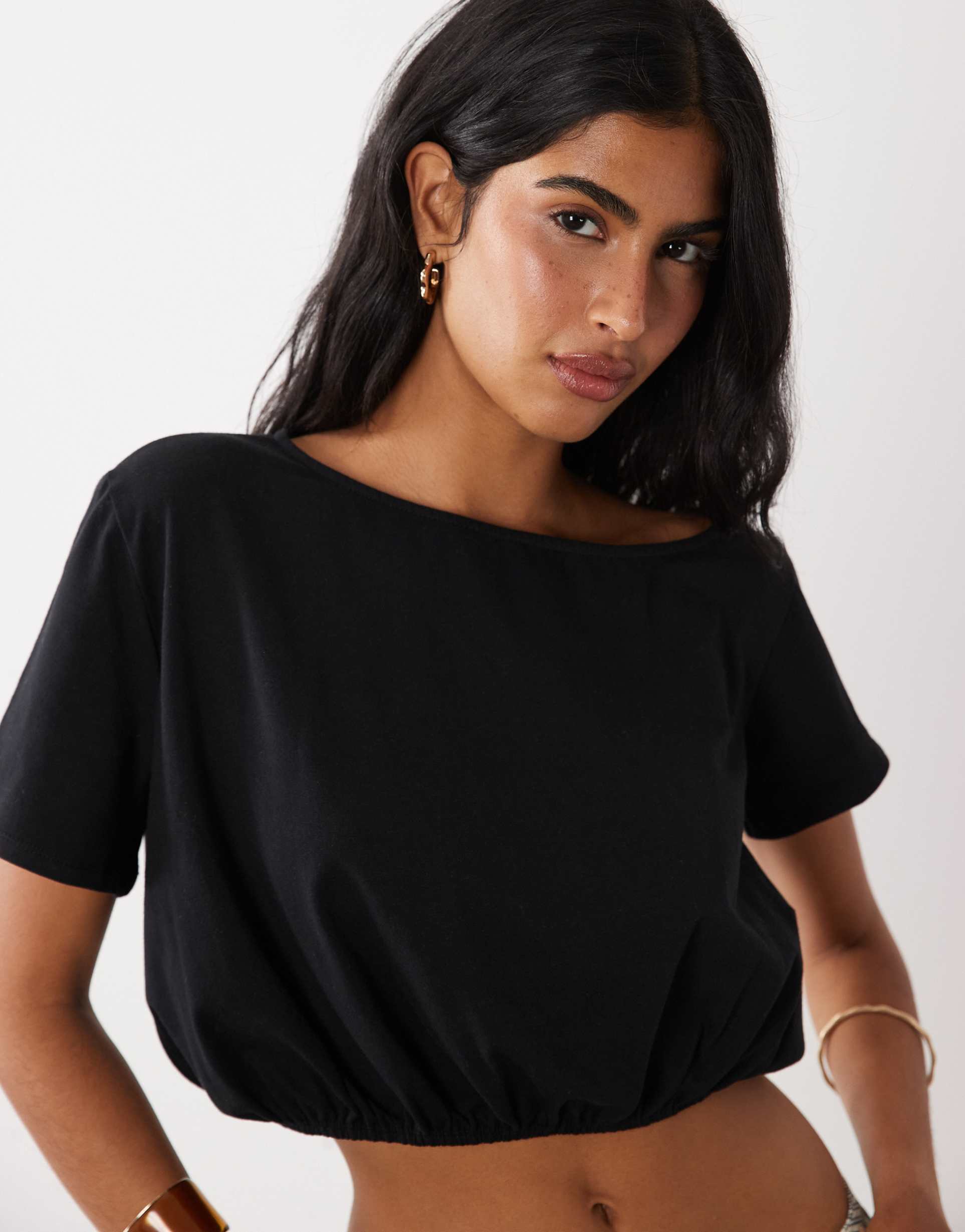 asos design off the shoulder bubble hem top in black