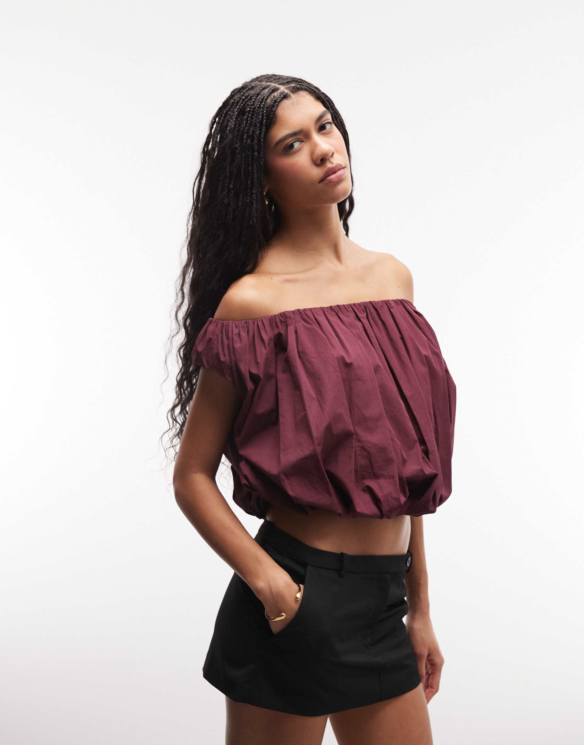 asos design off the shoulder bubble top in plum