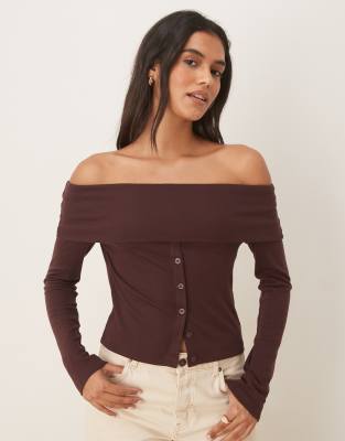 Asos Design Off The Shoulder Button Down Top In Brown