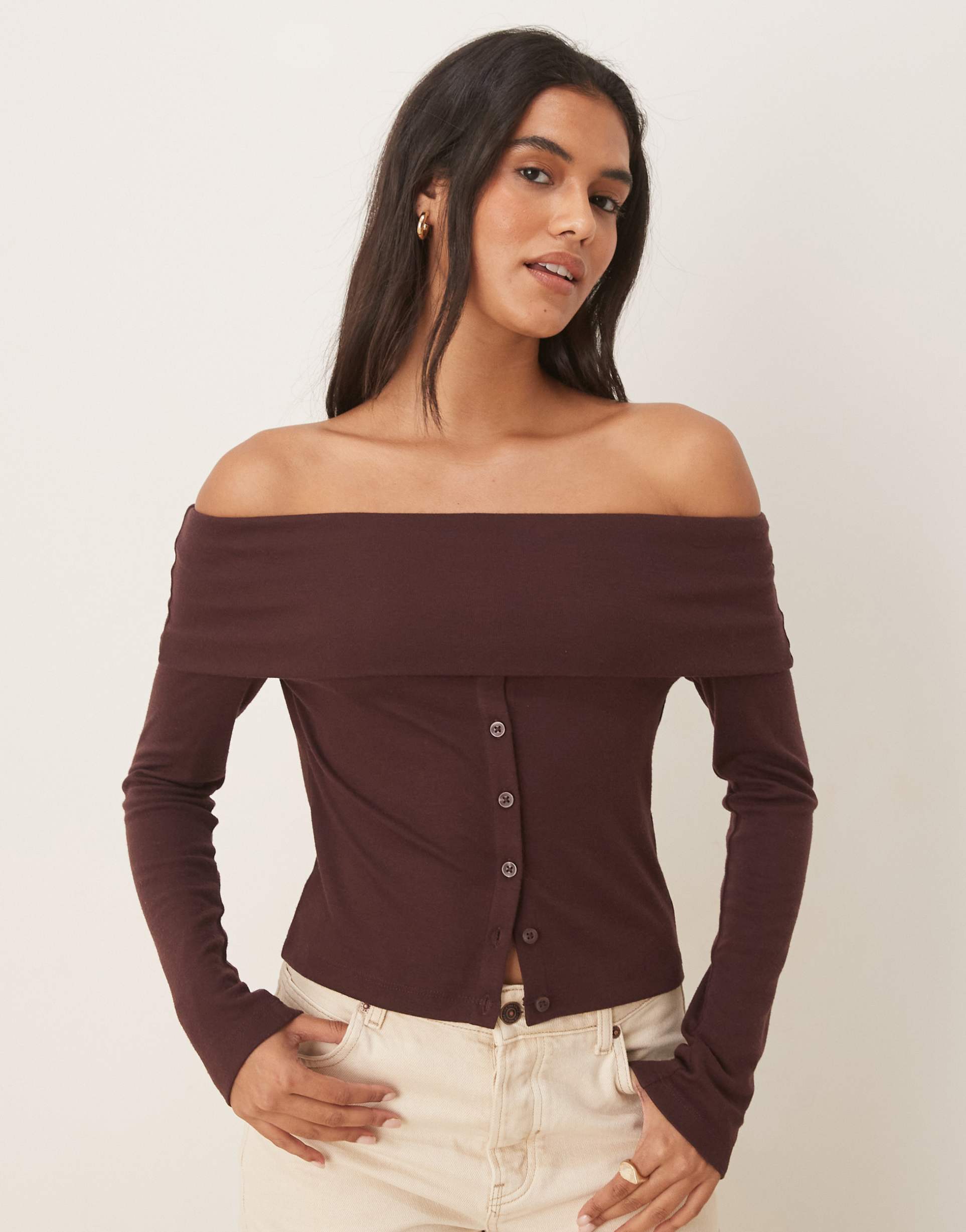asos design off the shoulder button down top in chocolate