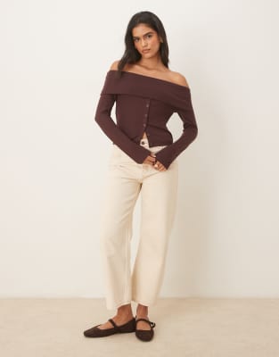 Asos Design Off The Shoulder Button Down Top In Brown