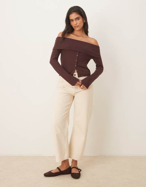 ASOS DESIGN off the shoulder button down top in chocolate, 2 of 4