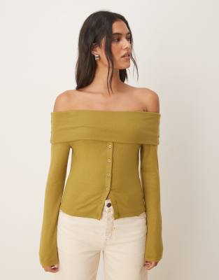 Asos Design Off The Shoulder Button Down Top In Green