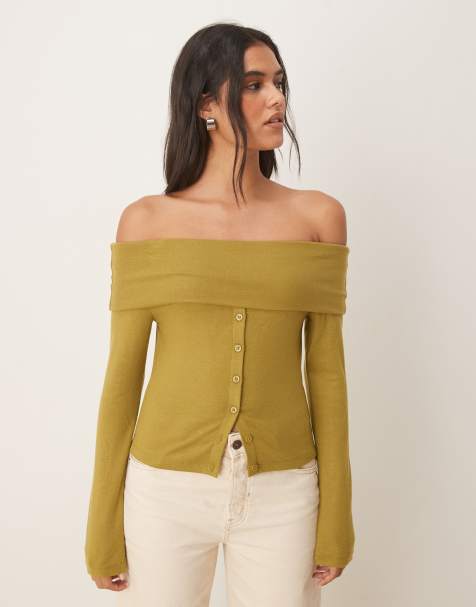 ASOS DESIGN off the shoulder button down top in olive - view 1