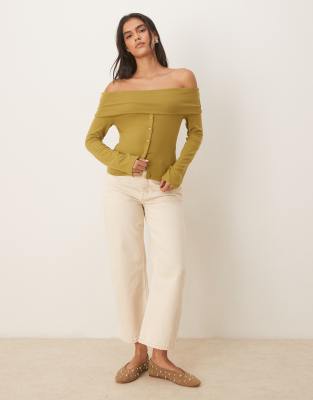 Asos Design Off The Shoulder Button Down Top In Green