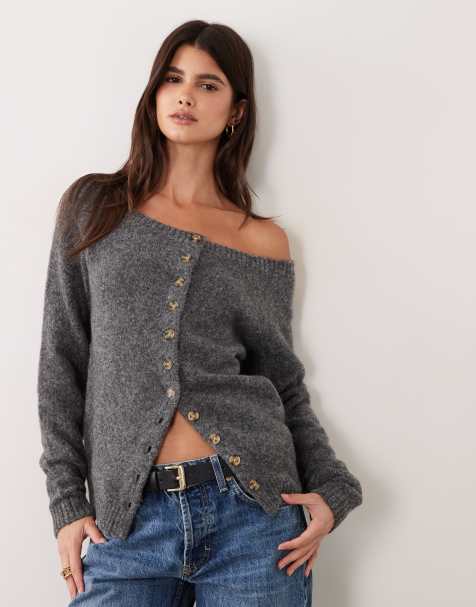 ASOS DESIGN off the shoulder cardigan in charcoal - view 1