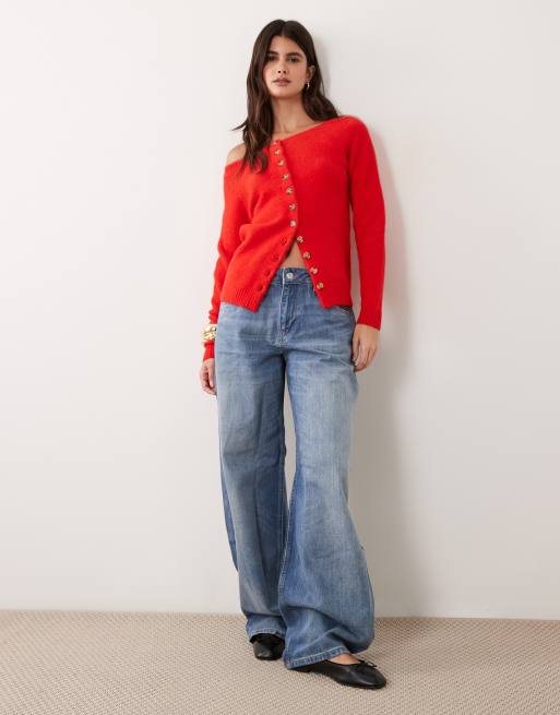 ASOS DESIGN off the shoulder cardigan in red, 2 of 4