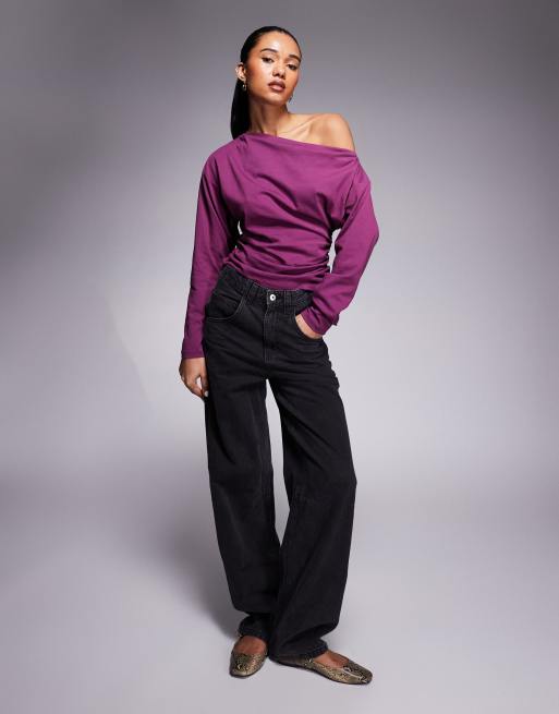 ASOS DESIGN off the shoulder cinched asymmetric neckline long sleeve top in plum