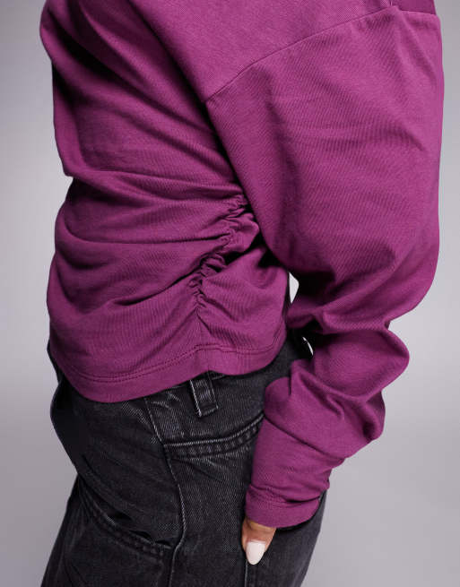 ASOS DESIGN off the shoulder cinched asymmetric neckline long sleeve top in plum