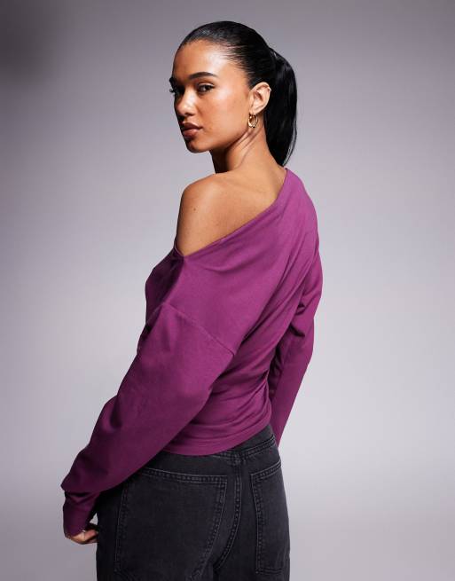 ASOS DESIGN off the shoulder cinched asymmetric neckline long sleeve top in plum