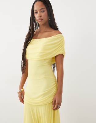 Asos Design Off The Shoulder Cinched Dropped Waist Mesh Maxi Dress With High Godet Detailing In Yellow