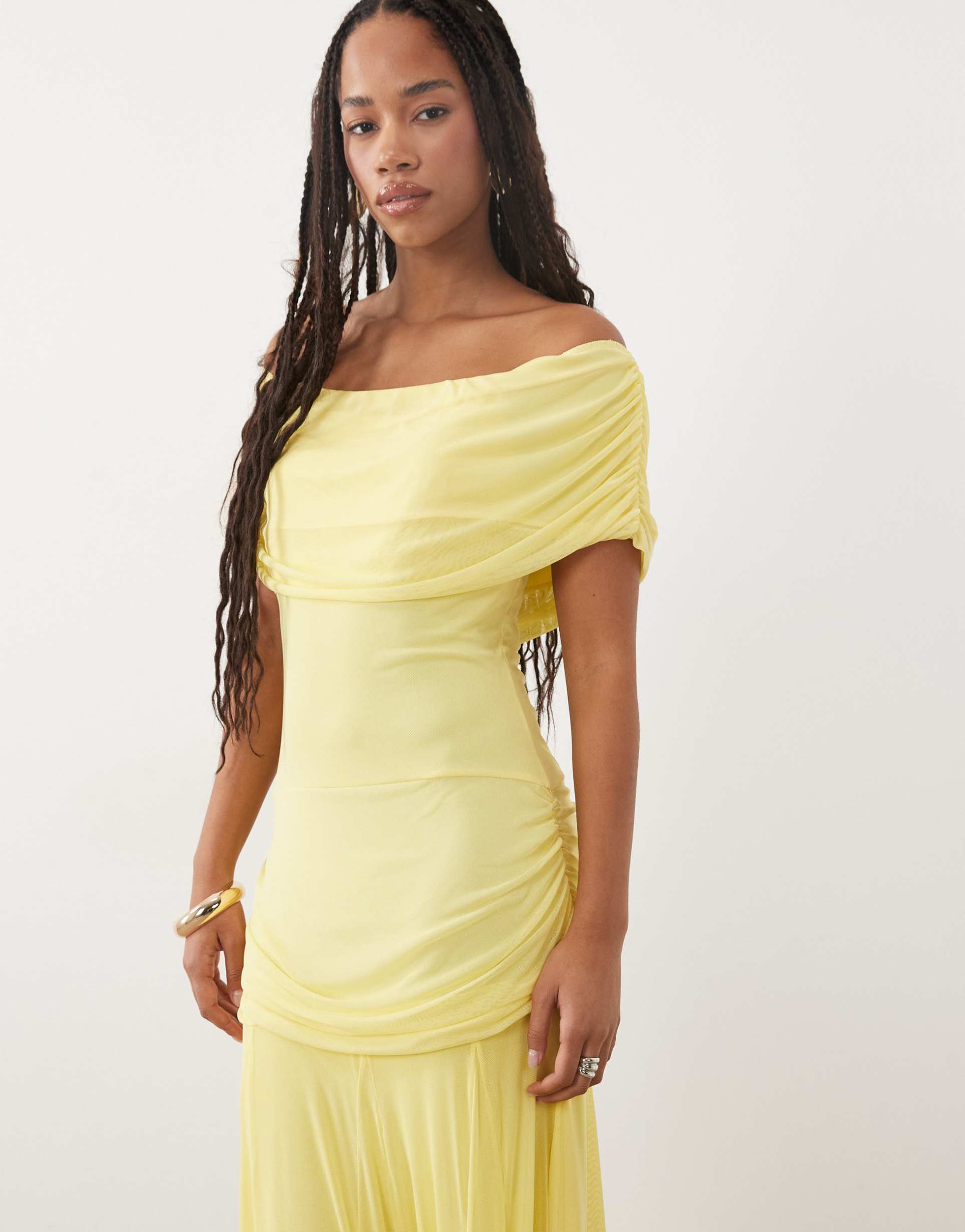 asos design off the shoulder cinched dropped waist mesh maxi dress with high godet detailing in yellow