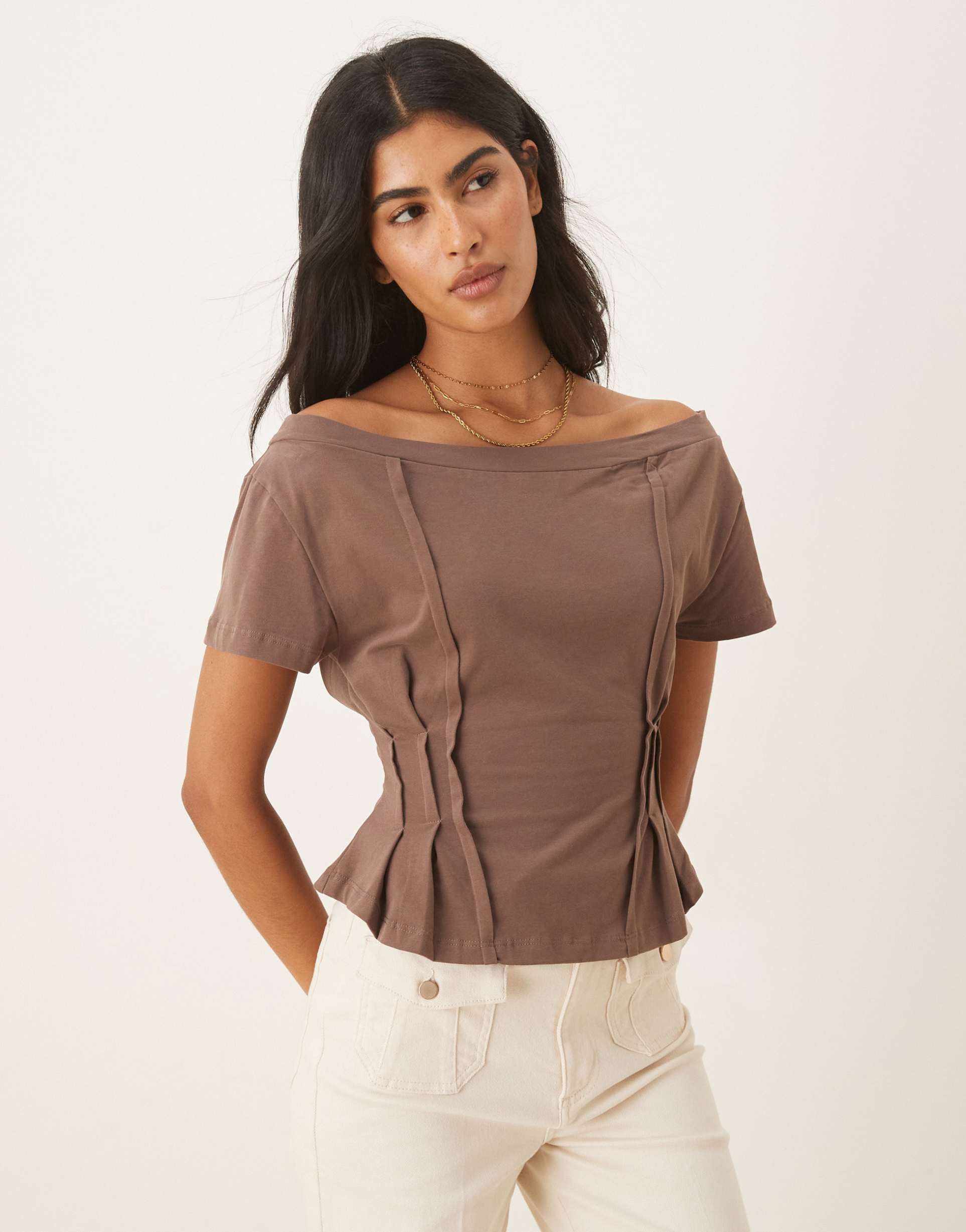 asos design off the shoulder cinched waist detail tee