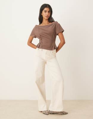Asos Design Off The Shoulder Cinched Waist Detail Tee-brown In Brown